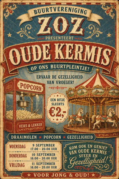 Poster van buurtvereniging Z.O.Z.: Oude Kermis op ons buurtpleintje, met draaimolen en popcorn